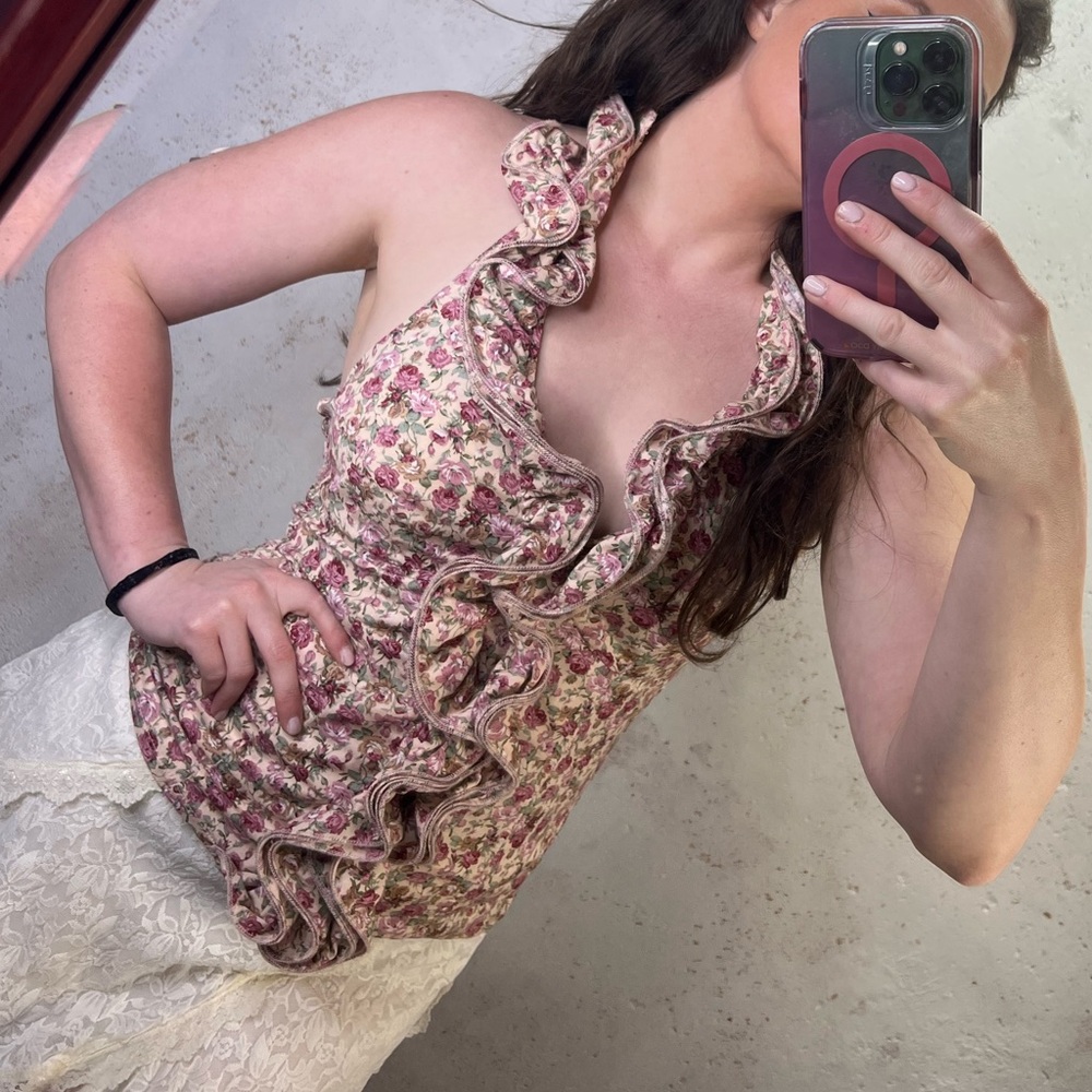 Y2K 2000s Poetry Floral Halter Top with Pink and Green Ditsy Floral Print Small - Picture 3 of 10